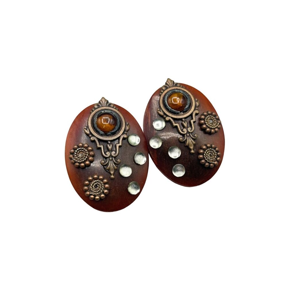 Vintage Treska Large Oval Clip On Earrings Dark Brown Resin Metal Glass Accents